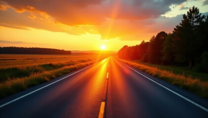 Golden sunrise illuminates a quiet rural asphalt highway , peaceful, tranquil