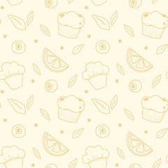 A pattern with a muffin, blueberries, and orange slices on a yellow background. Outline pattern