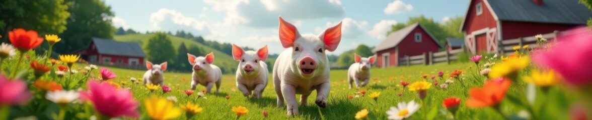 Happy pigs frolic amidst vibrant flowers and charming barns , summer, farm photography