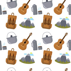 Tourist pattern with a backpack, a thermos, mountains and a pot