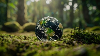 An  of the Earth floating in a mossy forest, symbolizing environmental awareness and the importance of conservation.