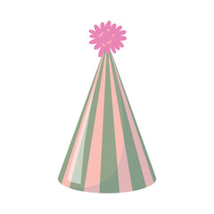 Birthday party hat. Festive cone-shaped paper cap with stripes, for celebration. Traditional headwear for bday holiday.