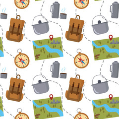 Tourist pattern with a map, backpack, thermos, compass and pot