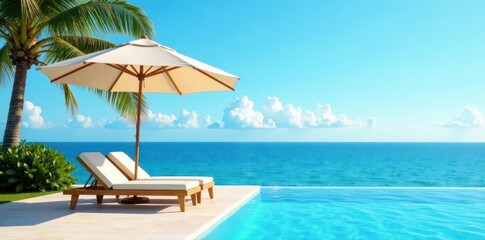 Luxury umbrella, chaise lounge by pool, palm tree, blue sky , swimming pool, bright