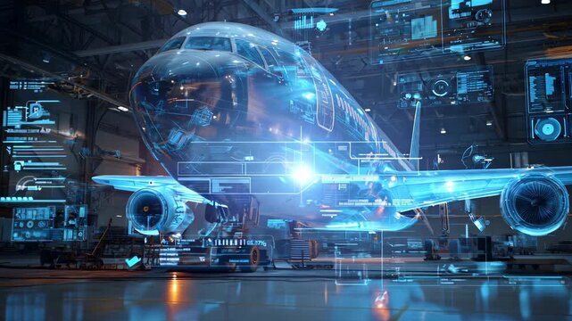 An aircraft undergoes a high tech inspection in a hangar with holographic displays showing operational data and maintenance information