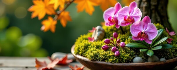 Miniature autumn garden kokedama featuring orchids , roots, vibrant