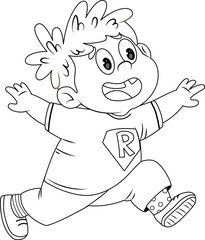 A coloring page featuring a happy boy running with his arms outstretched.