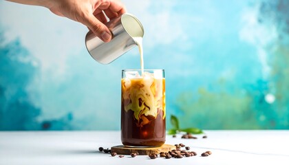 Iced coffee drink with milk being poured