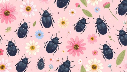 Floral pattern with black beetles