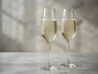 Elegant Toast: Two flutes of sparkling champagne, effervescent and inviting, stand side by side on a marbled surface. perfect for celebrating special moment