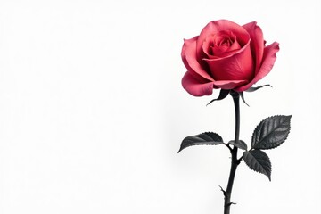 Fototapeta premium Single rose, black and white line art, prickly stem, leaves , white background, contour
