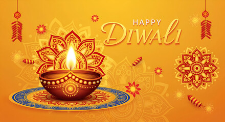 Naklejka premium Happy Diwali: Golden Diya, Firecrackers, and Mandala on Orange
