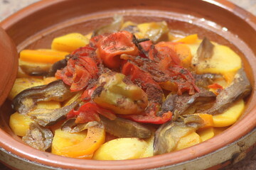 A close up shot of a fresh moroccan tagine or tajine, traditional moroccan food