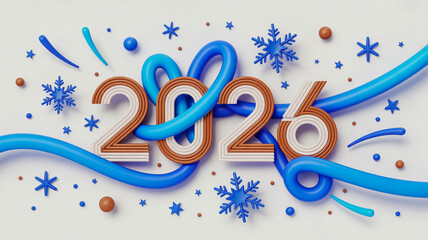 A festive digital illustration of the year 2026 in a 3D style with brown and white layers