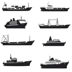 Collection of diverse cargo ship silhouettes for maritime and logistics design projects isolated on white background Vector Illustration