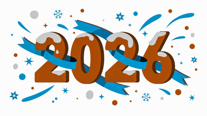 A festive digital illustration of the year 2026 in a 3D style with brown and white layers