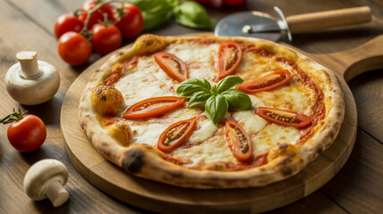 A high-quality food photograph of a freshly made Margherita pizza on a round wooden serving board.