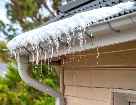 Melting icicles dripping from a house's gutter