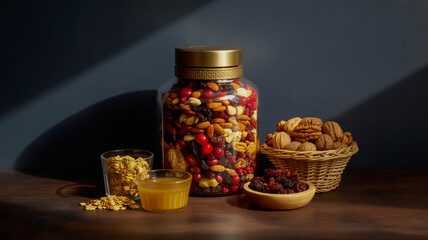 A high-quality food photography composition featuring a large glass jar with a gold-colored metal lid and decorative metal band on a dark wooden surface.