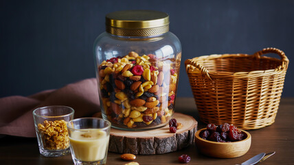 A high-quality food photography composition featuring a large glass jar with a gold-colored metal lid and decorative metal band on a dark wooden surface.