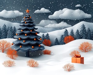 Winter Christmas scene with a Christmas tree, snow-covered landscape, and a gift