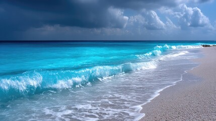 Obraz premium Stormy Turquoise Ocean Waves with Whitecaps under Cloudy Sky Landscape