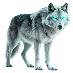 Obraz premium Stock image of a beautiful wolf with glowing blue eyes isolated on black on transparent background