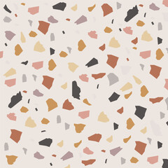 Terrazzo creative vector seamless pattern. Granite fragments abstract backdrop. Chaotic mosaic blue and pink pieces.