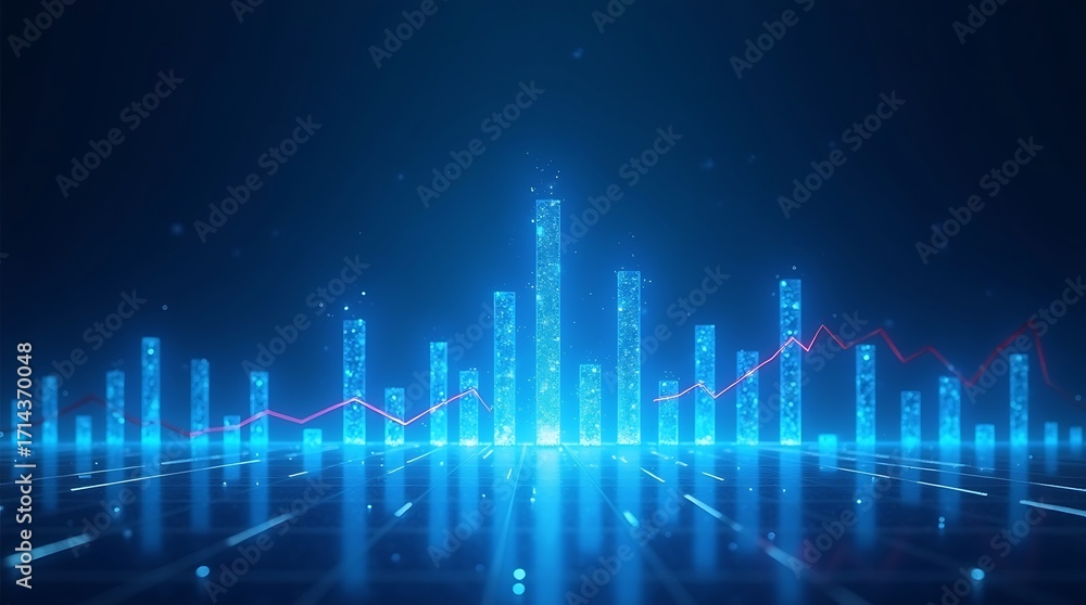 Poster futuristic business graph with a glowing line and bars. a 3d render for financial success, data anal