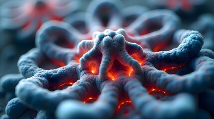 Close up view of a group of cells illuminated with red light, showing detailed organic structure in a microscopic biological composition