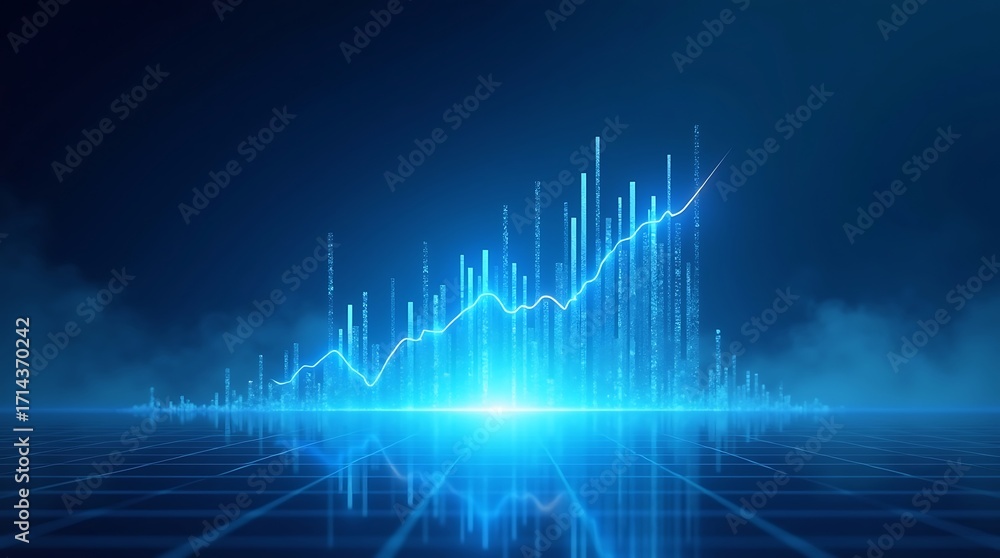 Poster Futuristic business graph with a glowing line and bars. A 3D render for financial success, data analysis, and technology concepts. Generative Ai.