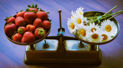 A high-quality photograph of a vintage brass balance scale with two circular metal bowls.