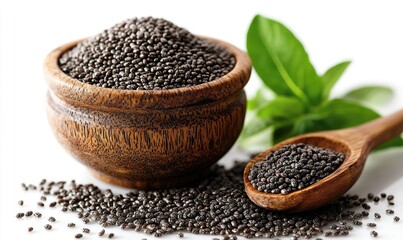 Dark seeds in a wooden bowl and spoon on a white background