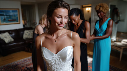 Naklejka premium A bride happily prepares for her wedding day, surrounded by her friends, embodying love and joy in an intimate setting filled with warmth and excitement for the future.