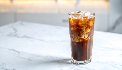 Iced coffee in a glass, on a marble table