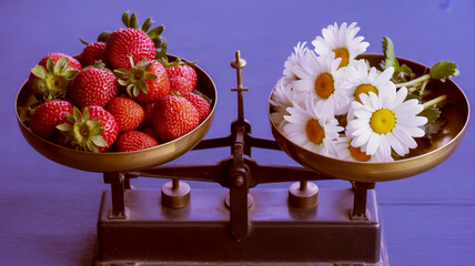 A high-quality photograph of a vintage brass balance scale with two circular metal bowls.