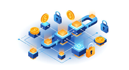 Isometric concept of blockchain technology, showcasing secure data blocks, digital currency, and a decentralized network for fintech