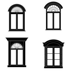 Collection of four ornate architectural window designs featuring arched tops and detailed panes black silhouettes isolated isolated on white background Vector Illustration