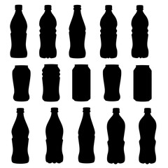 Collection of beverage container silhouettes featuring bottles and cans for refreshments and drinks isolated on white background Vector Illustration