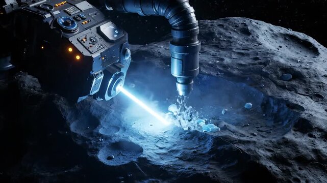 A skilled robotic arm works meticulously on the surface of an asteroid in outer space. - Powered by Adobe