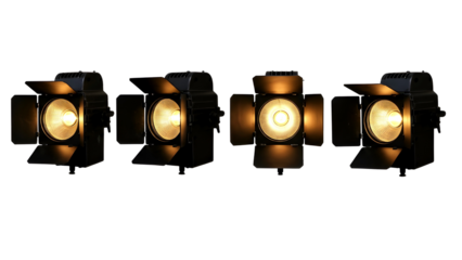 Four glowing vintage lanterns arranged in a row isolated on transparent background
