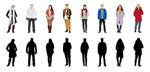 Bundle of modern people wearing Street fashion autumn, winter warm clothes. Men and women in trendy outwear standing and walking. Cartoon characters vector illustration.