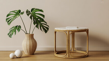 A minimalist interior scene featuring a Monstera deliciosa plant in a woven beige ceramic vase with vertical ribbed texture.