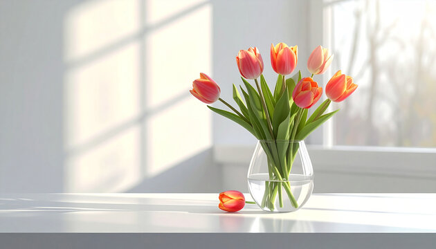 Fresh tulips in a glass vase on a minimalist white desk with natural light