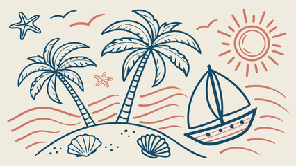 Summer Beach Hand-Drawn Doodles Collection with Palm Trees, Flamingos, Seashells, Dolphins, Sun, Umbrella, Coconut Drink, Sailboat and Tropical Holiday Elements in Sketch Style