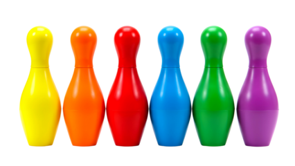 Six colorful bowling pins arranged in a row isolated on transparent background