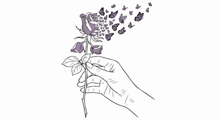 A delicate hand holds a rose, its petals morphing into butterflies, isolated on white background, representing transformation and the beauty of change