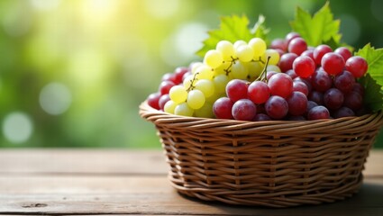Fresh red and green grapes in wicker basket on wooden table  