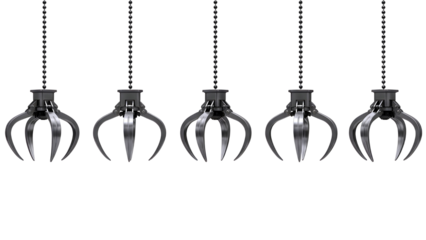 Five metallic claw machine grabbers hanging in a row isolated on transparent background