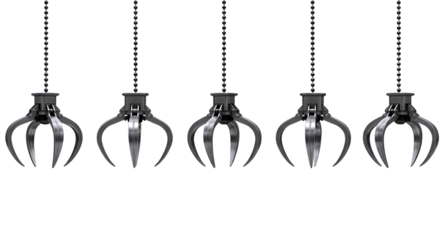 Five metallic claw machine grabbers hanging in a row isolated on transparent background